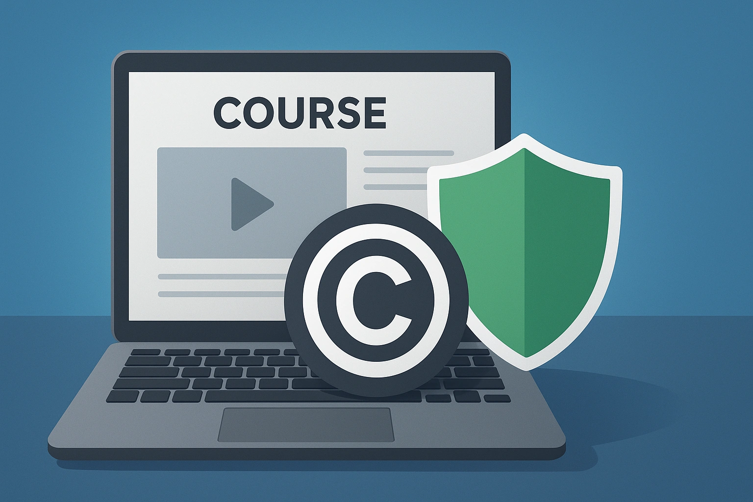 Thumbnail showing a laptop with educational content, a copyright symbol, and a shield icon, representing copyright protection, DMCA compliance, and ethical use of AI in education.