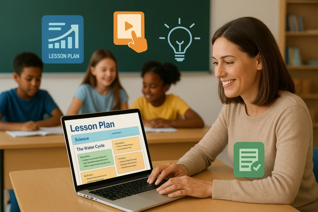 Teacher using AI lesson planning software on a laptop in a classroom, surrounded by icons of lesson plans and interactive materials, while students engage in learning, illustrating efficient and creative teaching with AI support.
