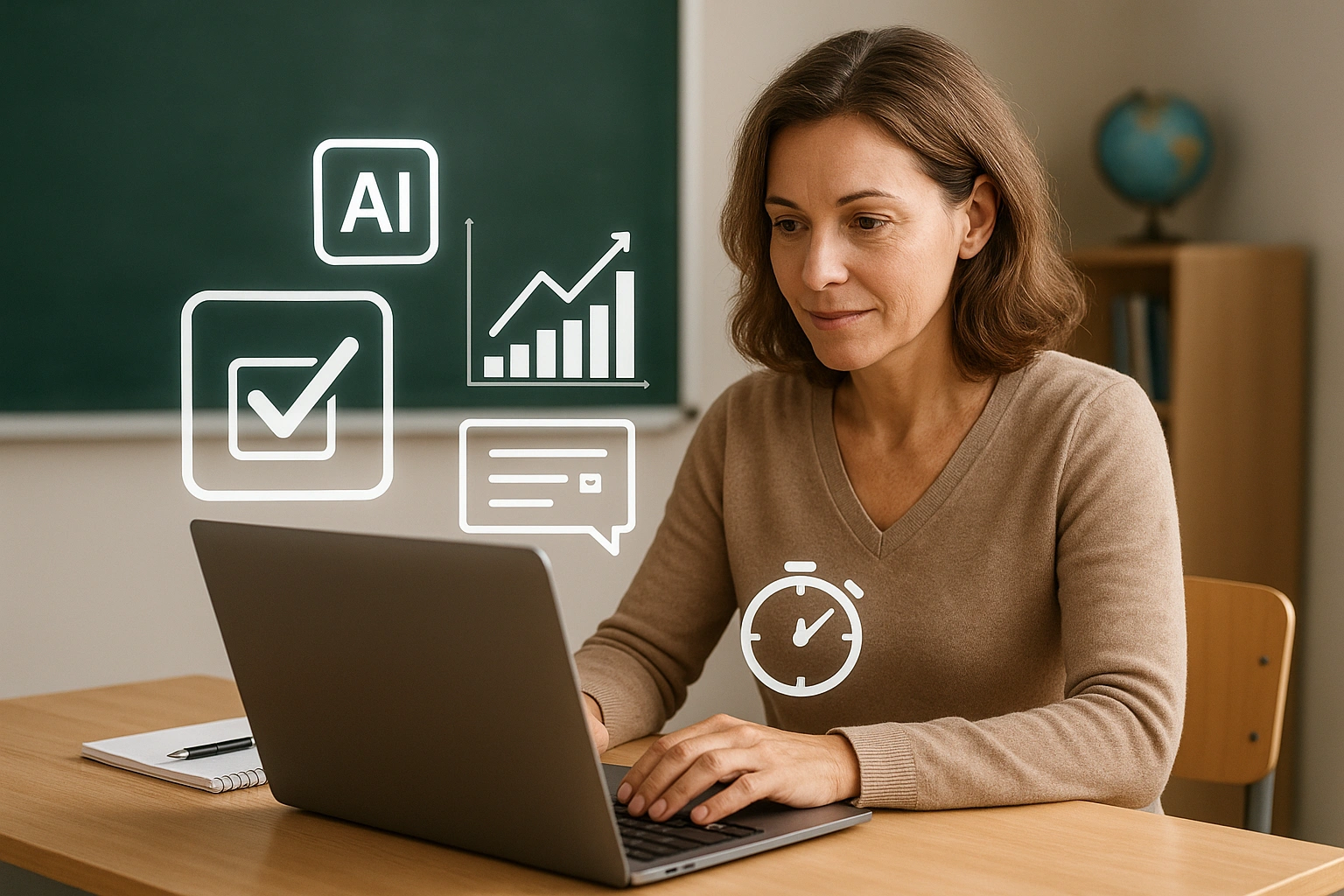 Teacher using affordable AI grading tools on a laptop, with digital icons and charts showing automated grading and feedback, symbolizing time-saving and efficient classroom management for small schools.