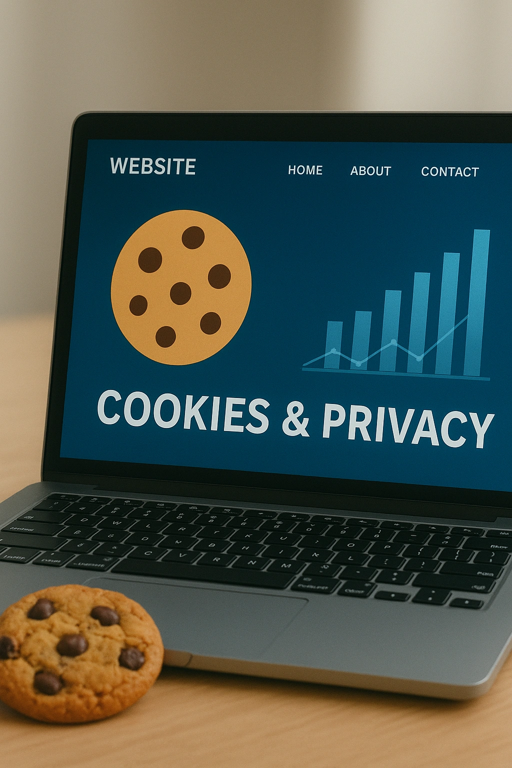 Realistic vertical image showing a laptop with a website, a cookie icon, and digital data graphs, representing privacy, cookie management, and secure AI-powered educational tools for teachers.
