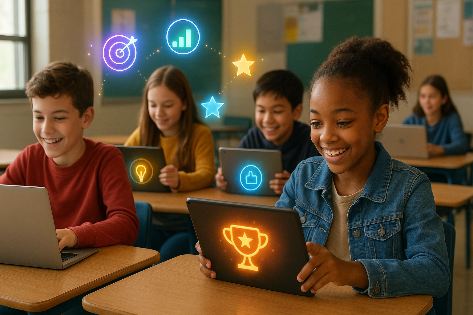 Students in a lively classroom using AI student motivation tools on tablets and laptops, with glowing icons and gamified elements illustrating personalized learning, engagement, and motivation.