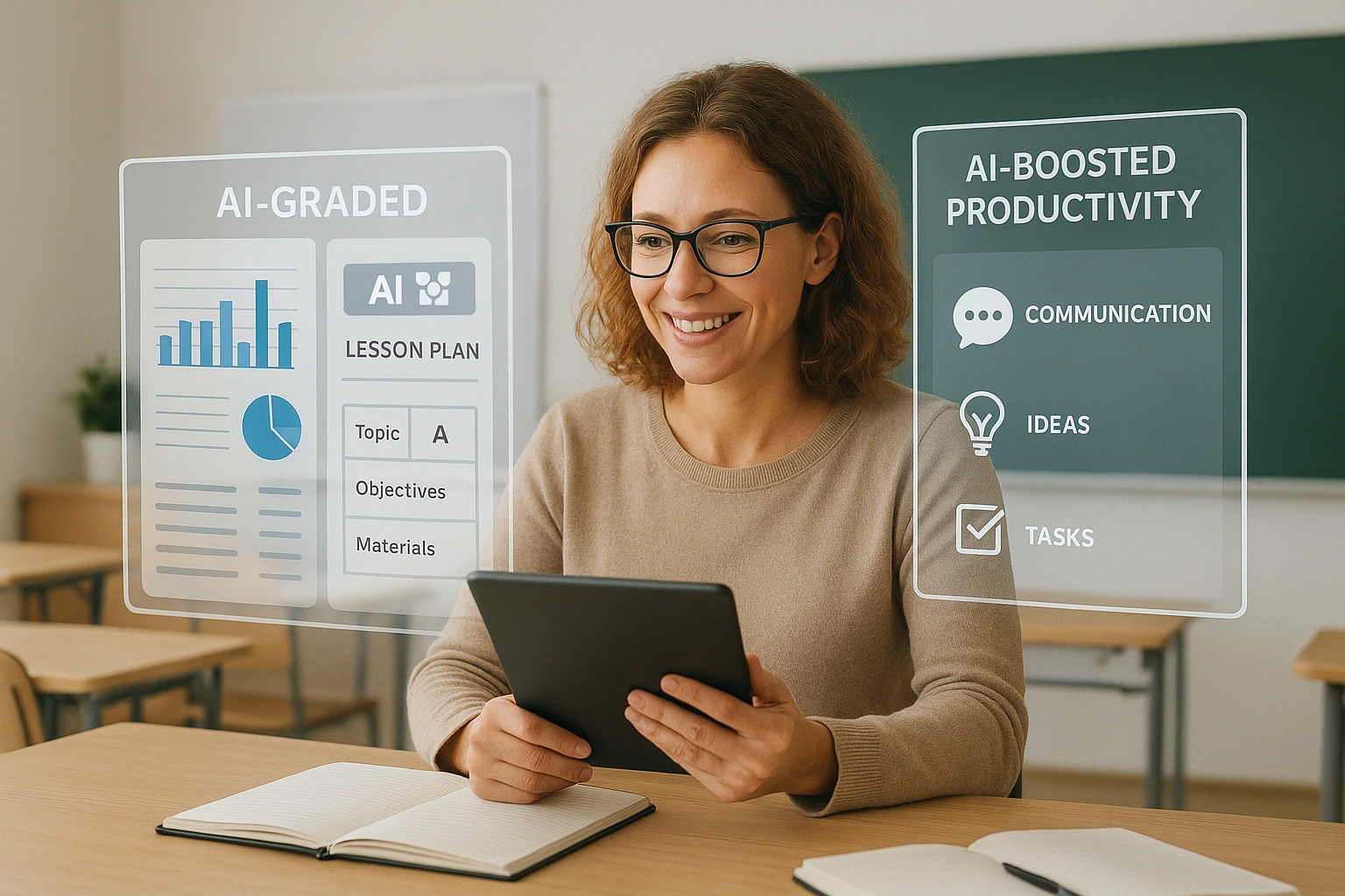A teacher in a modern classroom using AI-powered tools to automate grading, lesson planning, and communication, with digital interfaces showing charts, lesson plans, and productivity features, highlighting how AI boosts teacher productivity.