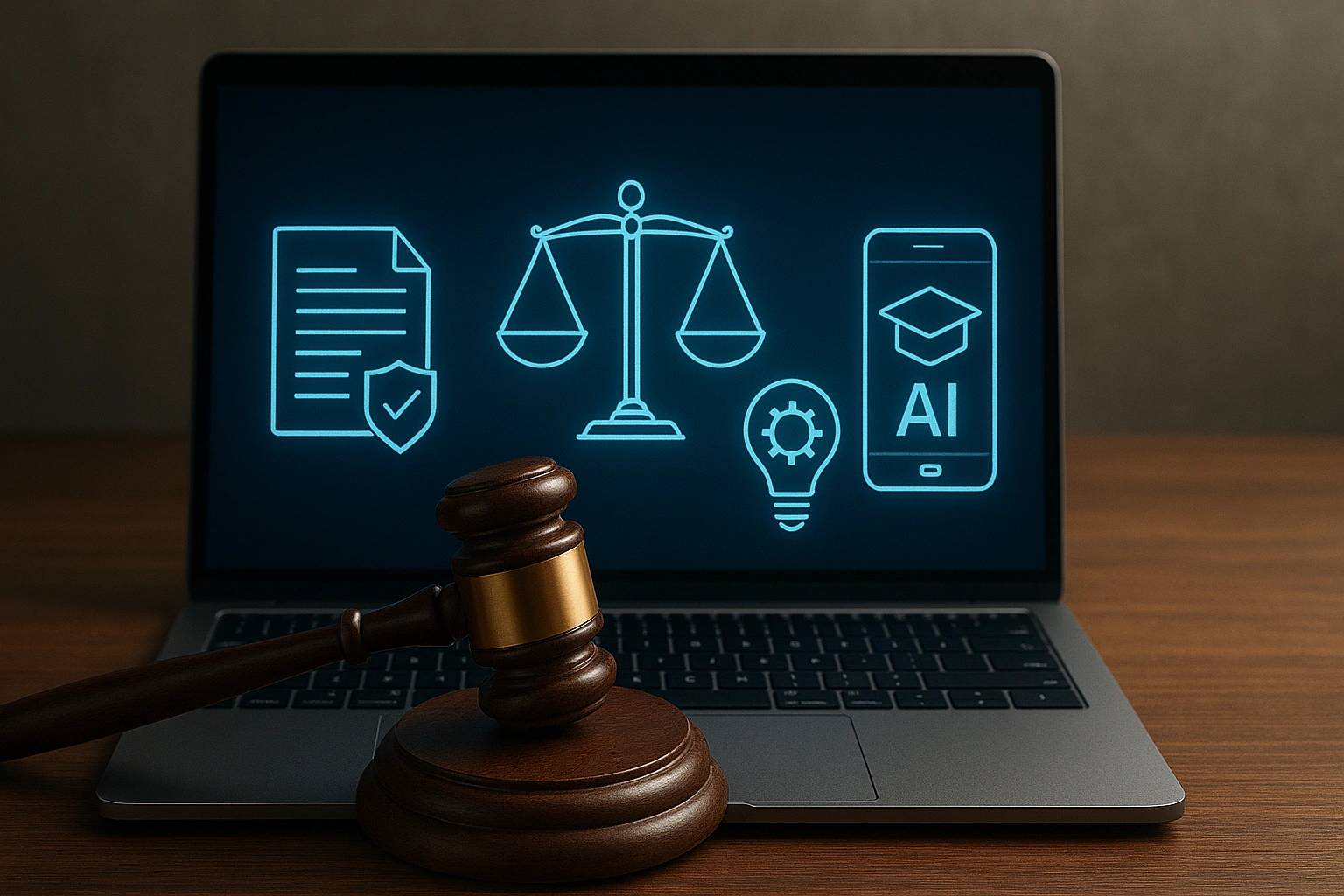 Realistic vertical image showing a laptop with holographic legal icons and a gavel on a desk, representing website terms, intellectual property, and responsible use for AI-powered education.
