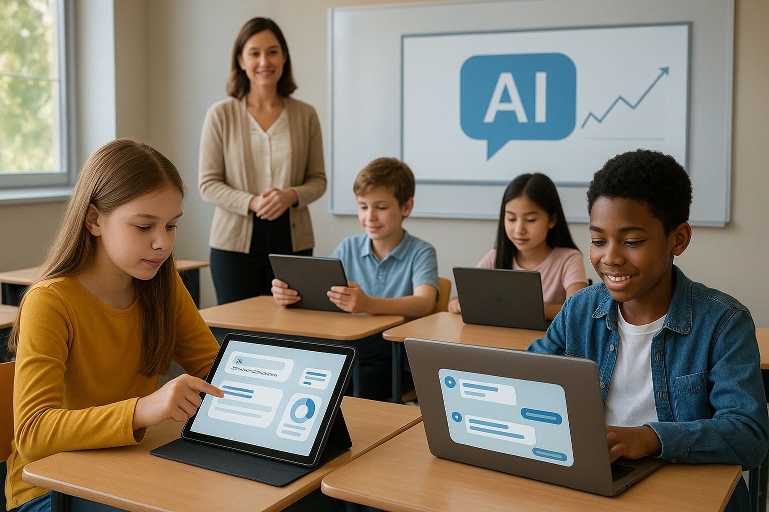 Illustration of a modern classroom where students engage with AI classroom assistants on tablets and laptops, showing chat bubbles, progress charts, and interactive AI feedback while the teacher observes, highlighting personalized and responsive learning.
