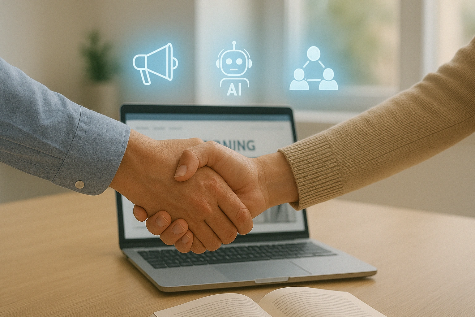 Realistic vertical image showing a handshake, laptop with website, and open book, symbolizing transparency, trust, and ethical advertising in AI-powered education for educators.
