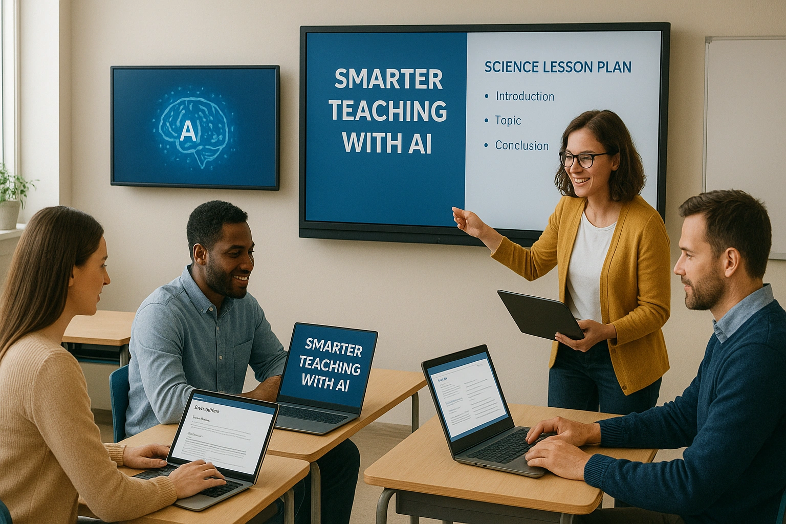 Teachers in a modern classroom using AI tools on laptops and tablets, collaborating on lesson plans with digital displays, showcasing smarter teaching with AI in a realistic and inspiring setting.