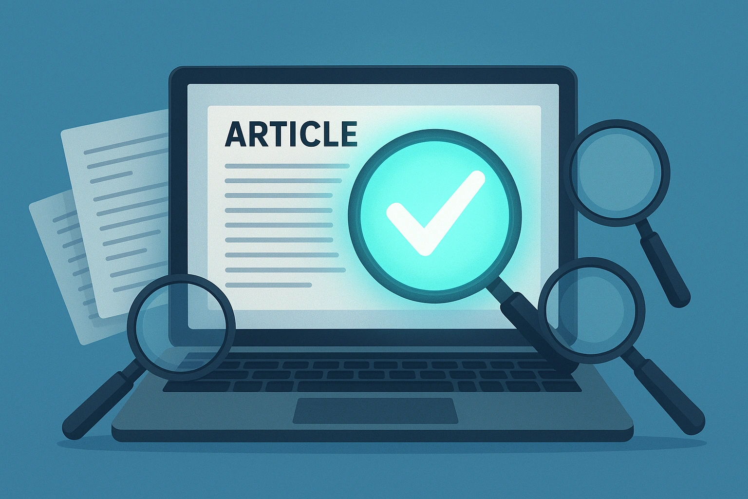 Thumbnail showing a laptop with an article, a glowing checkmark, documents, and magnifying glasses, representing accuracy, corrections, and transparent updates in AI education content.