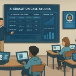 Illustration of a modern classroom where students and a teacher interact with AI-powered tools, digital dashboards, and personalized learning systems, representing AI education case studies and technology-enhanced learning outcomes.