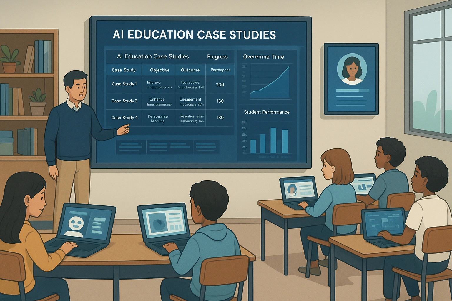 Illustration of a modern classroom where students and a teacher interact with AI-powered tools, digital dashboards, and personalized learning systems, representing AI education case studies and technology-enhanced learning outcomes.