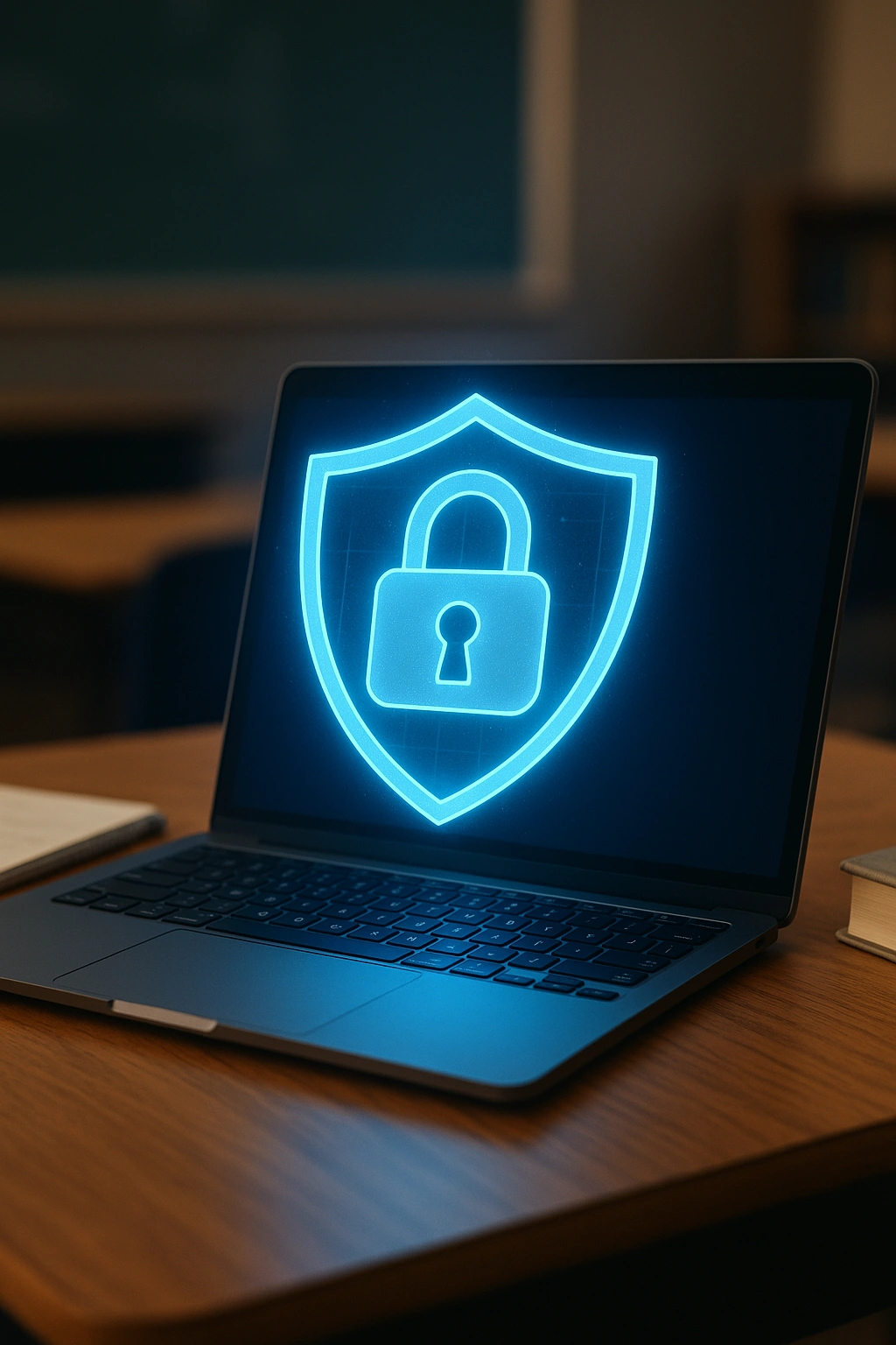 Realistic vertical image showing a laptop with glowing holographic lock and shield icons, representing online privacy and data security in AI-powered education for teachers.