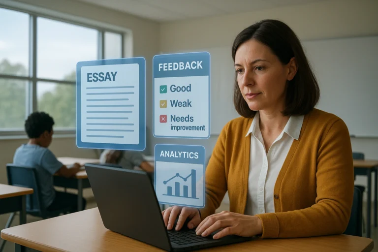 Thumbnail showing a teacher using AI grading software in a modern classroom, with digital overlays indicating instant essay grading, feedback, and analytics, highlighting efficiency, consistency, and enhanced student learning.