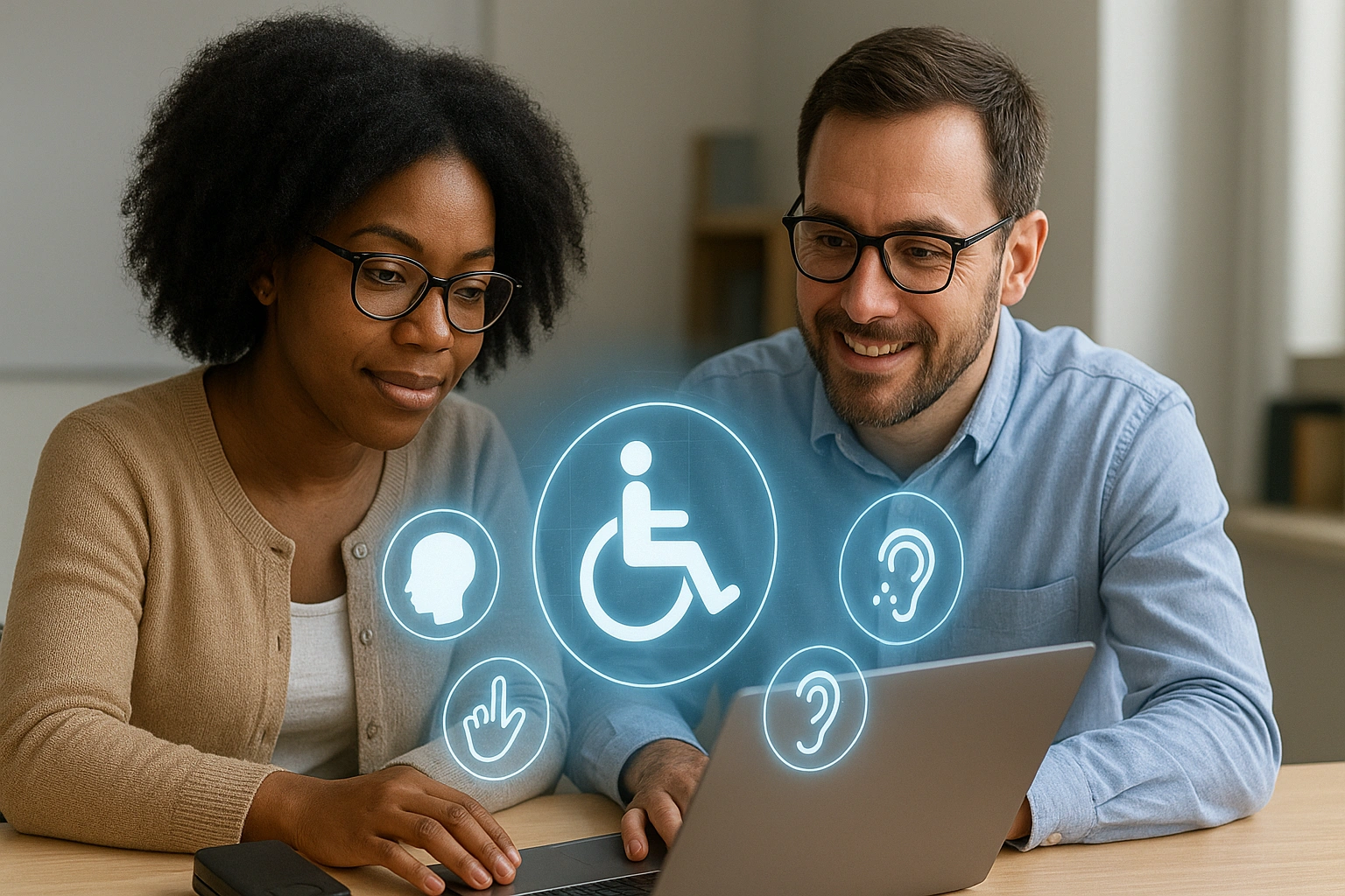 Realistic vertical image showing educators using a laptop with assistive devices and holographic accessibility icons, representing inclusivity, digital accessibility, and AI-powered education for all.