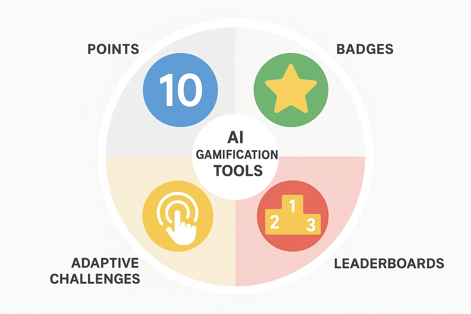 A circular diagram illustrating the core features of AI gamification tools points, badges, leaderboards, and adaptive challenges.