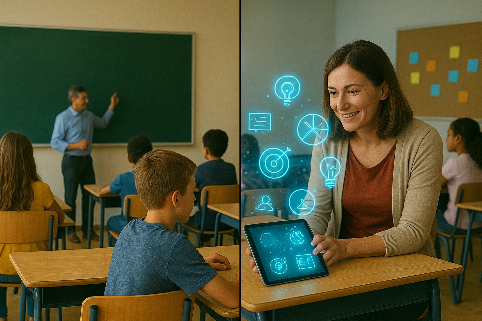A classroom engagement comparison showing a traditional lecture on one side and a modern, interactive AI-powered classroom on the other.