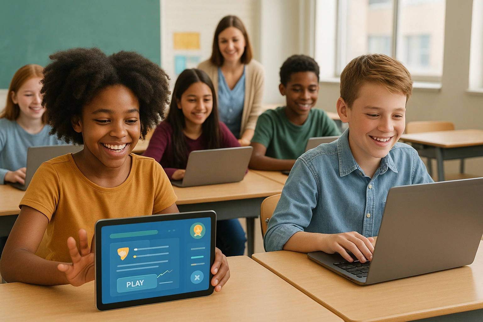 A classroom of diverse students actively engaged and smiling while using gamified AI tools on their laptops and tablets.