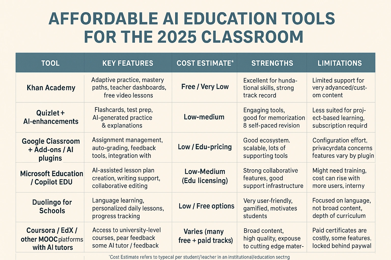 A comparison chart of affordable AI education tools for the 2025 classroom.
