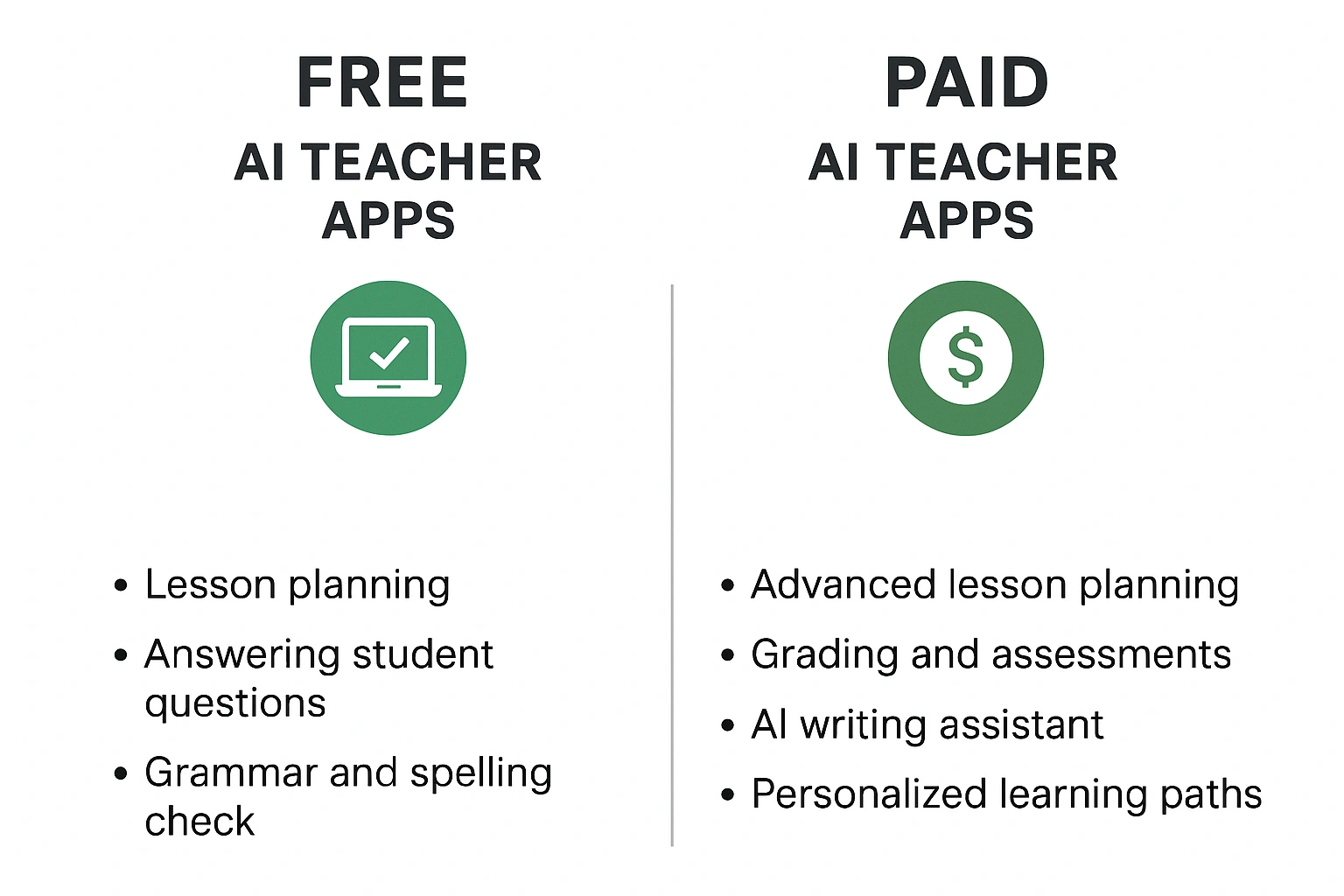 A diagram comparing the extensive features of free AI teacher apps versus their paid counterparts.
