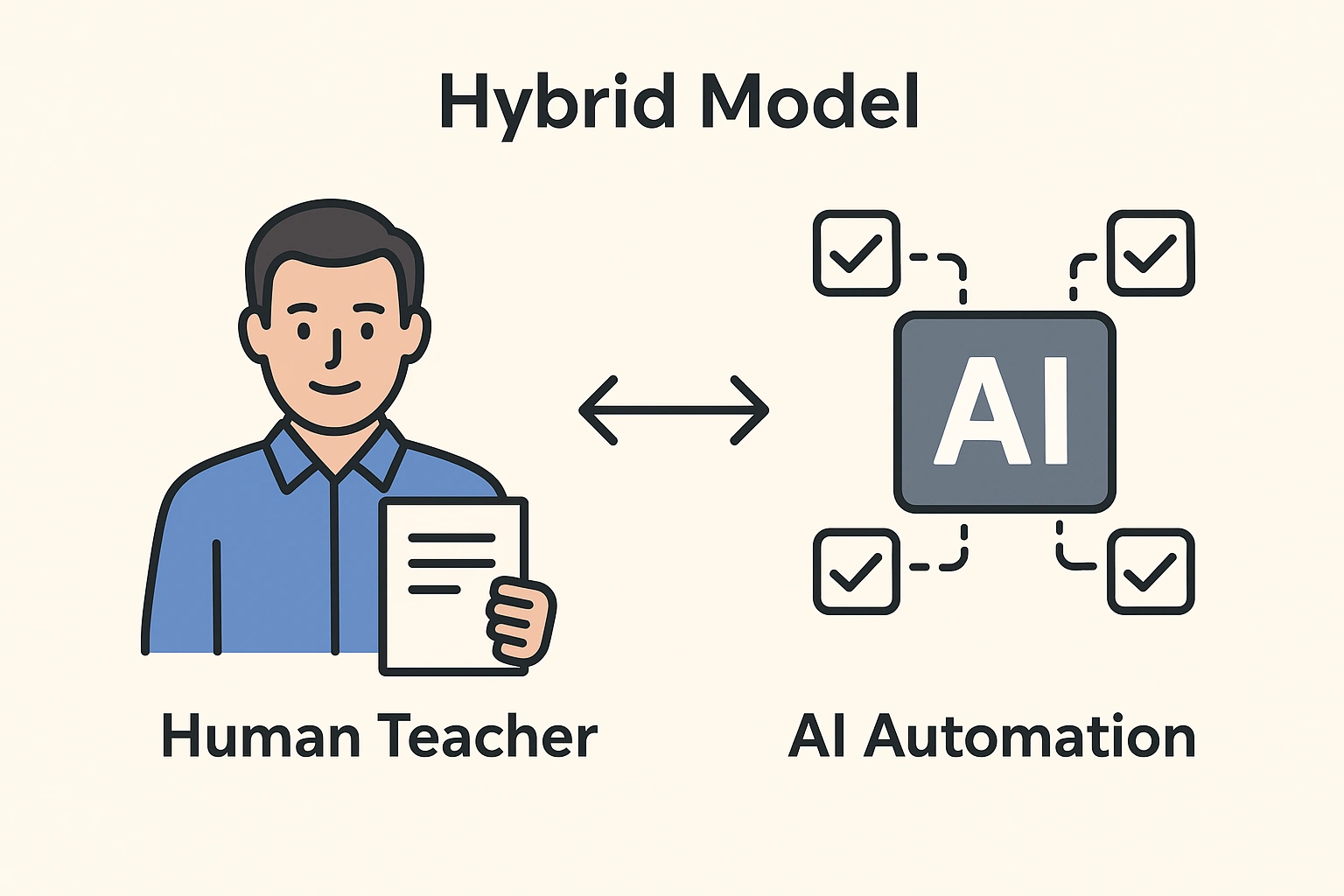 A diagram illustrating the hybrid model where AI grading automation assists a human teacher for optimal results.