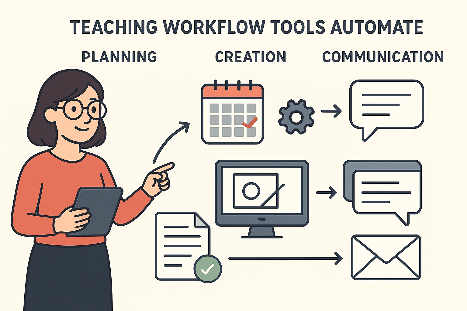 A diagram showing how teaching workflow tools automate planning, creation, and communication tasks.