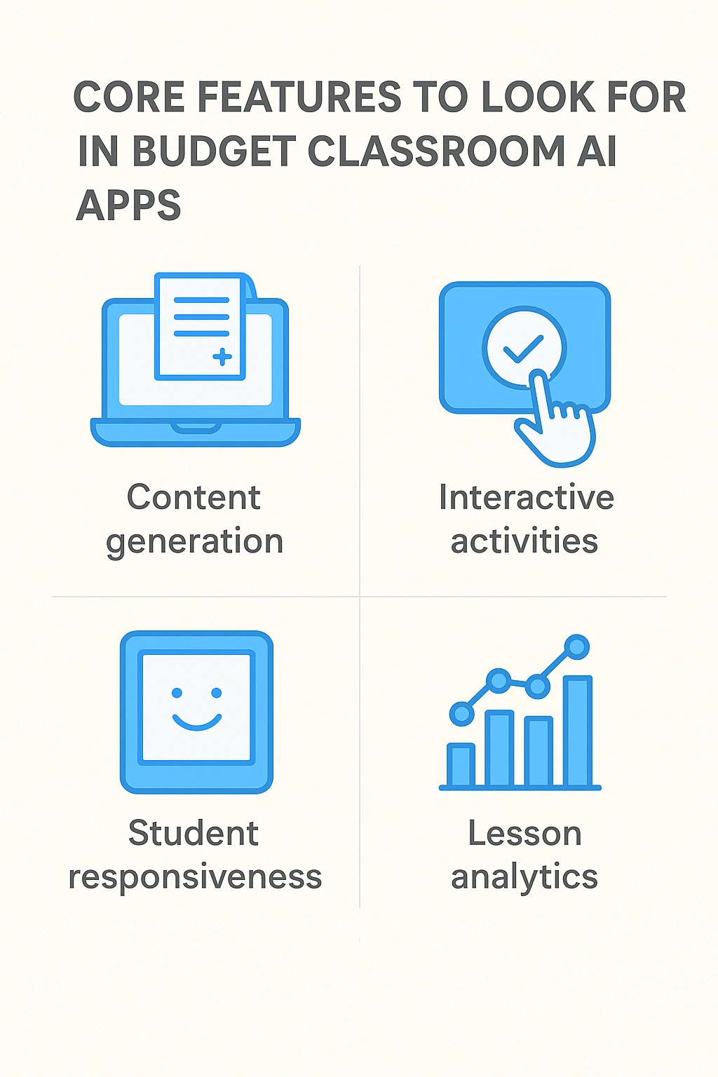 A diagram showing the core features to look for in budget classroom AI apps.