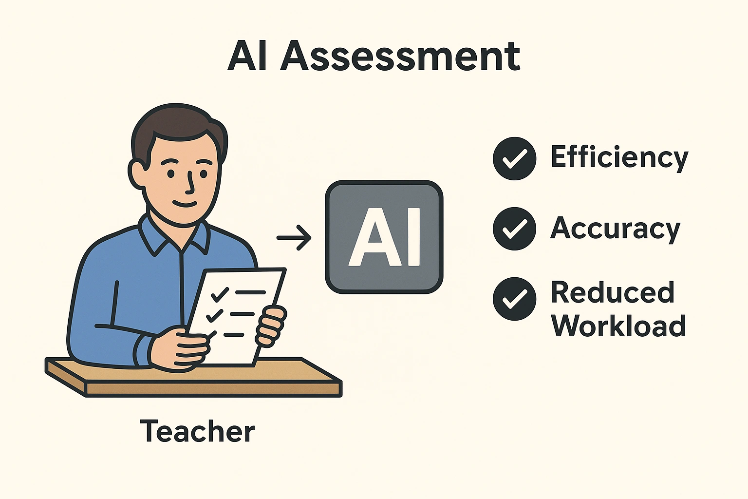 A diagram showing the process of AI assessment, highlighting its benefits for teachers.