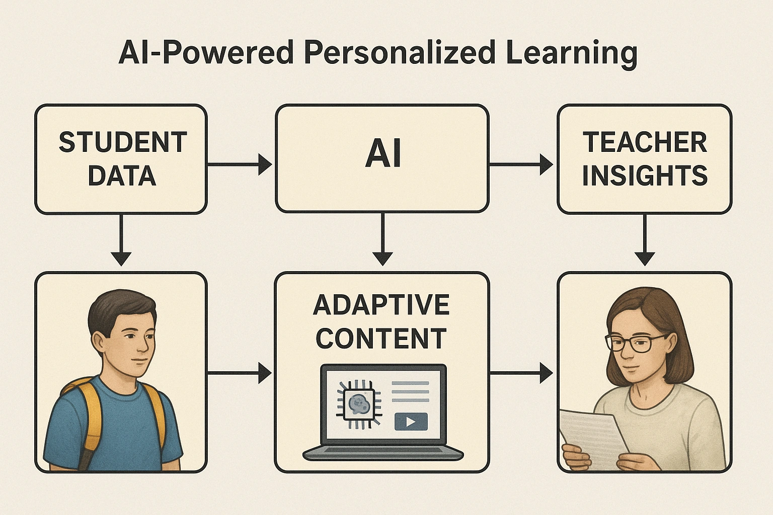 A flowchart demonstrating the process of AI-powered personalized learning, showing how student data leads to adaptive content and teacher insights.