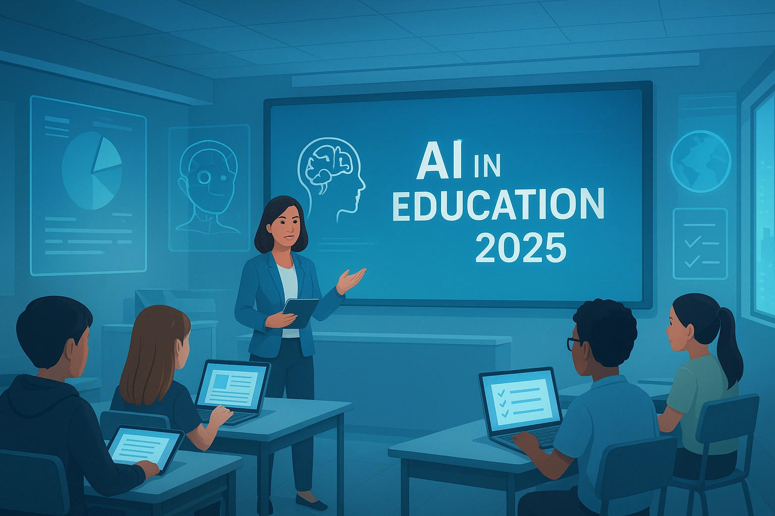 A futuristic classroom showcasing AI in education trends in 2025.
