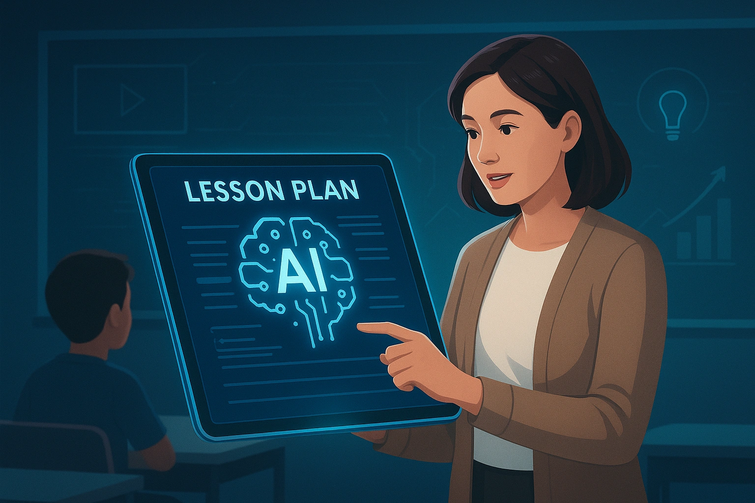 A futuristic graphic showing a teacher using a tablet with AI lesson planning tools to create an engaging classroom experience.