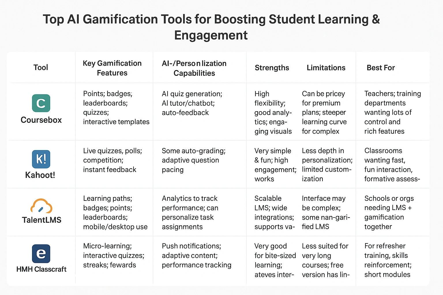 A modern comparison table of the top AI gamification tools for boosting student learning and engagement.