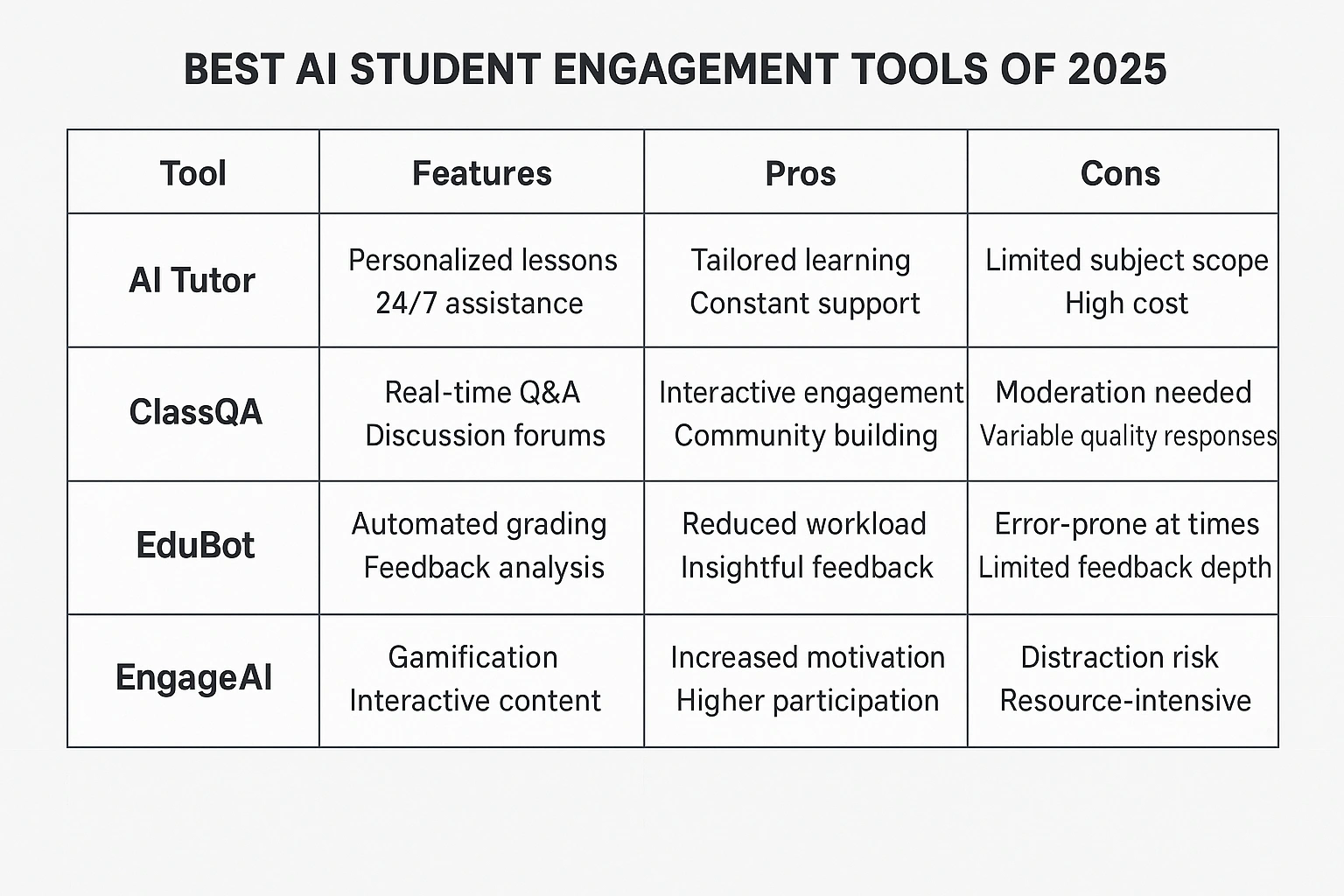 A modern comparison table showcasing the best AI student engagement tools of 2025.