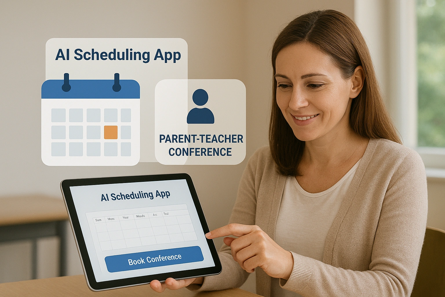 A parent easily booking a conference time using an AI scheduling app, enhancing parent-teacher communication.