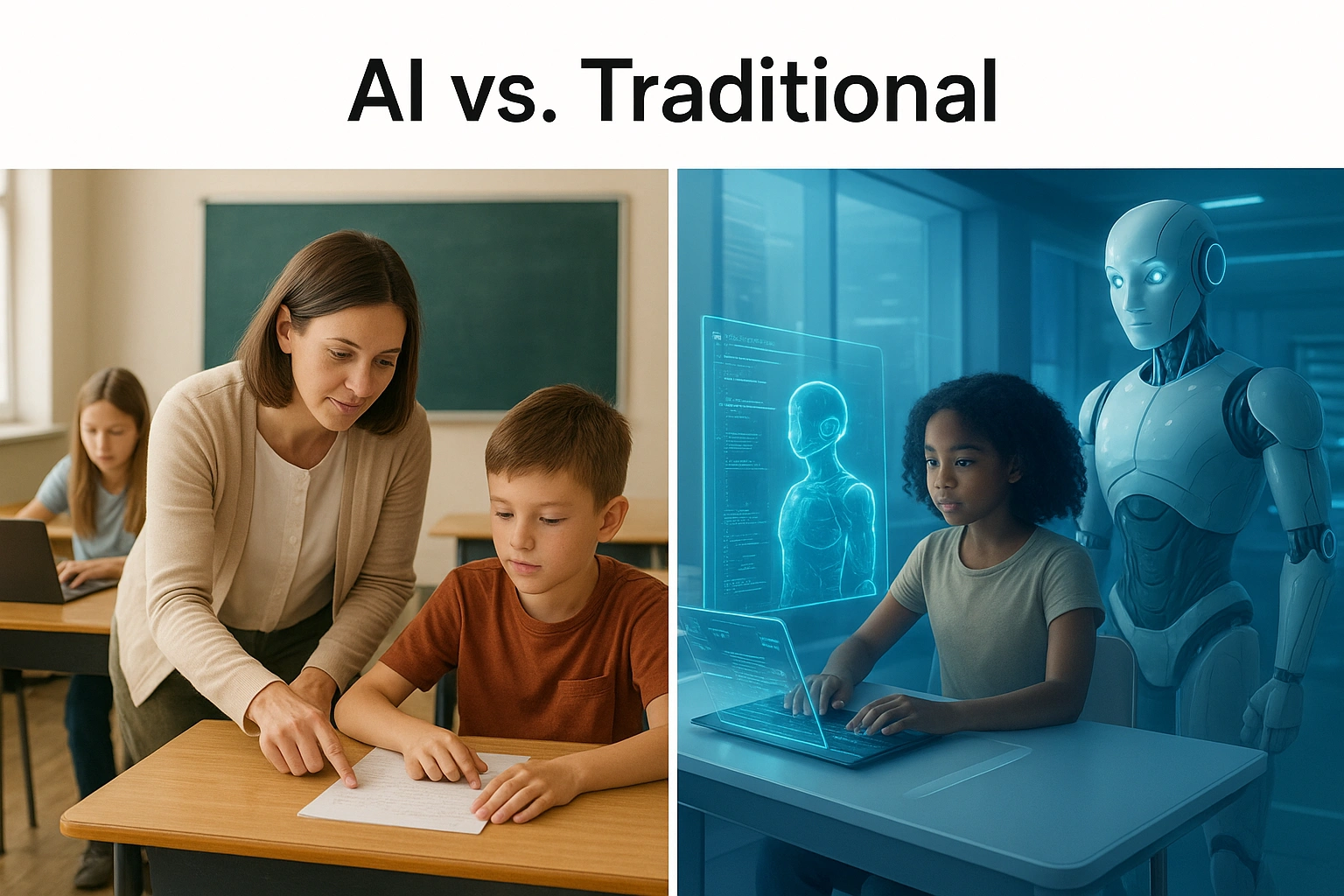 A split image showing a traditional classroom on one side and a futuristic AI-powered classroom on the other, comparing AI vs traditional education.