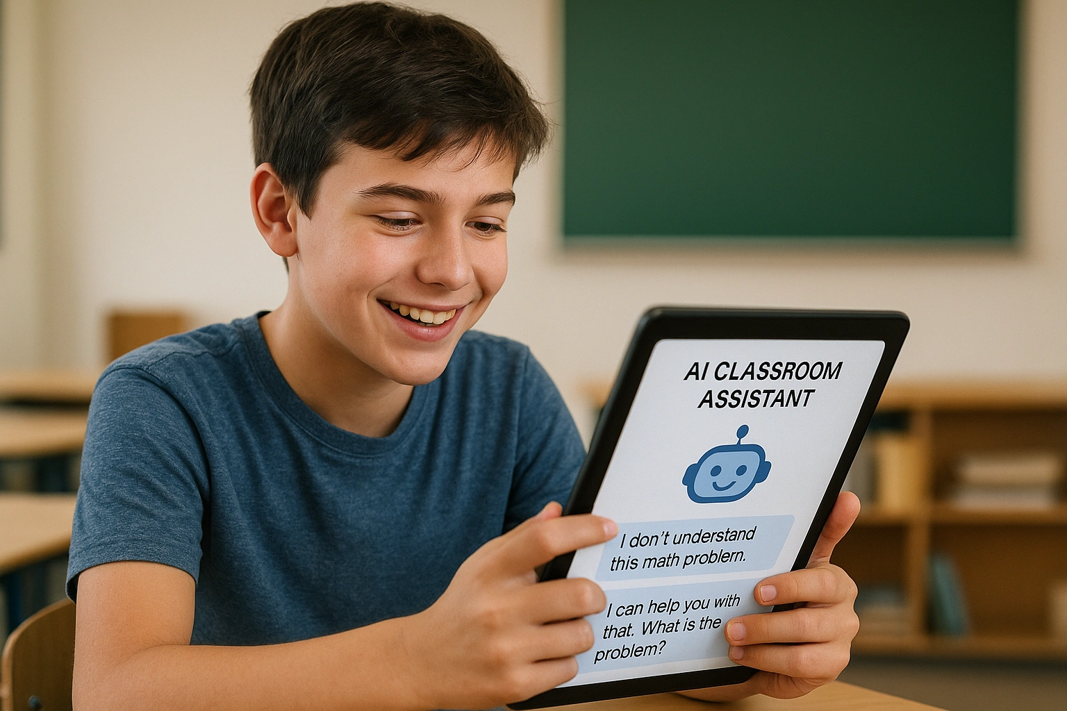 A student smiling while interacting with an AI classroom assistant on a tablet, getting instant help with homework.