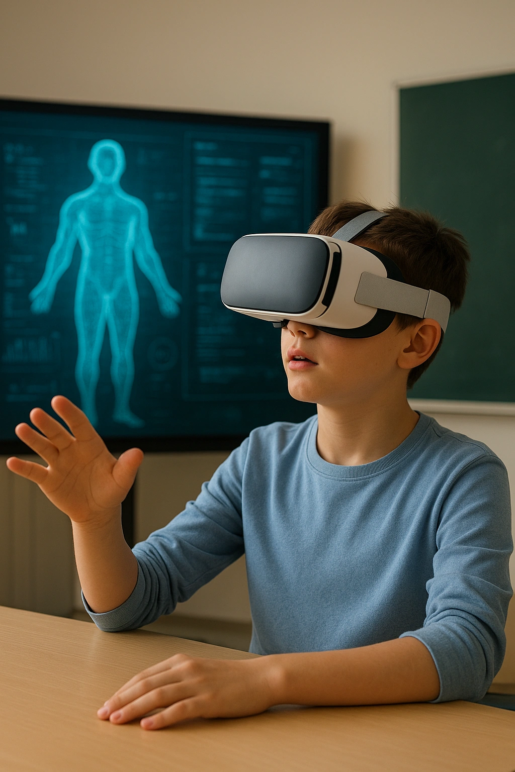 A student using a VR headset for an immersive learning experience, representing AI education trends.