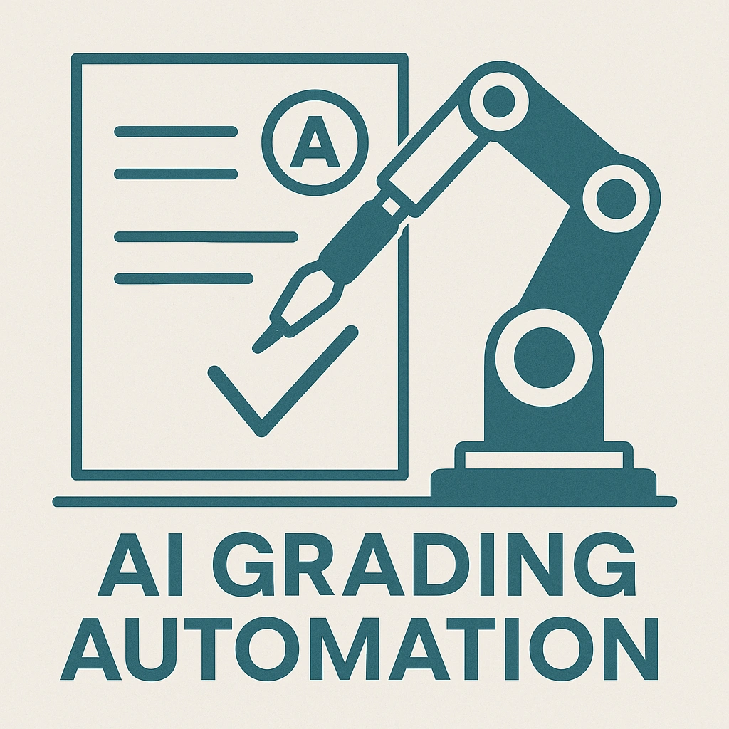 A stylized graphic showing a robot arm grading papers, representing AI grading automation.