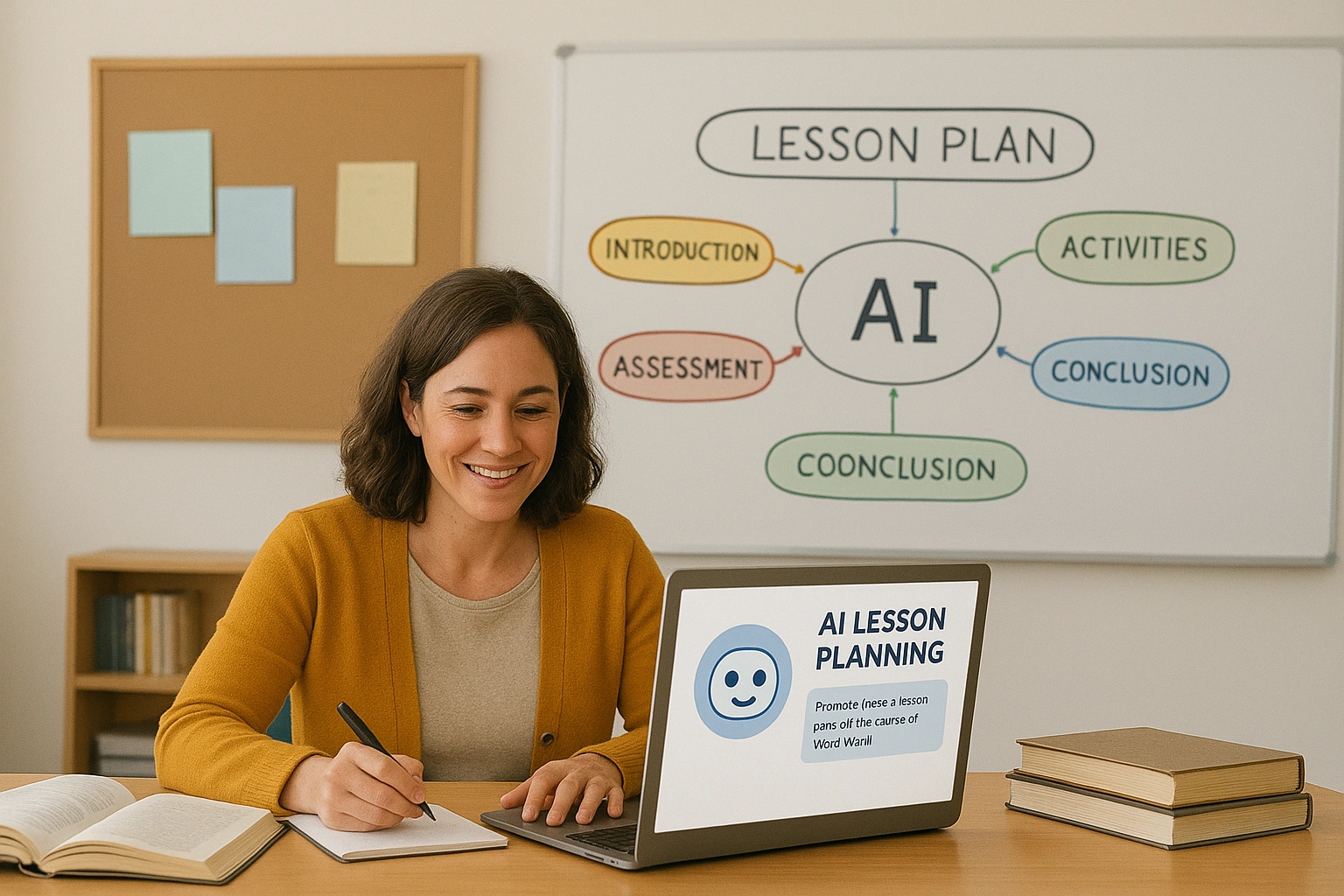 A teacher at her desk blending traditional and AI methods, with a mind map on the wall and an AI tool on her laptop, showcasing smart teaching methods.