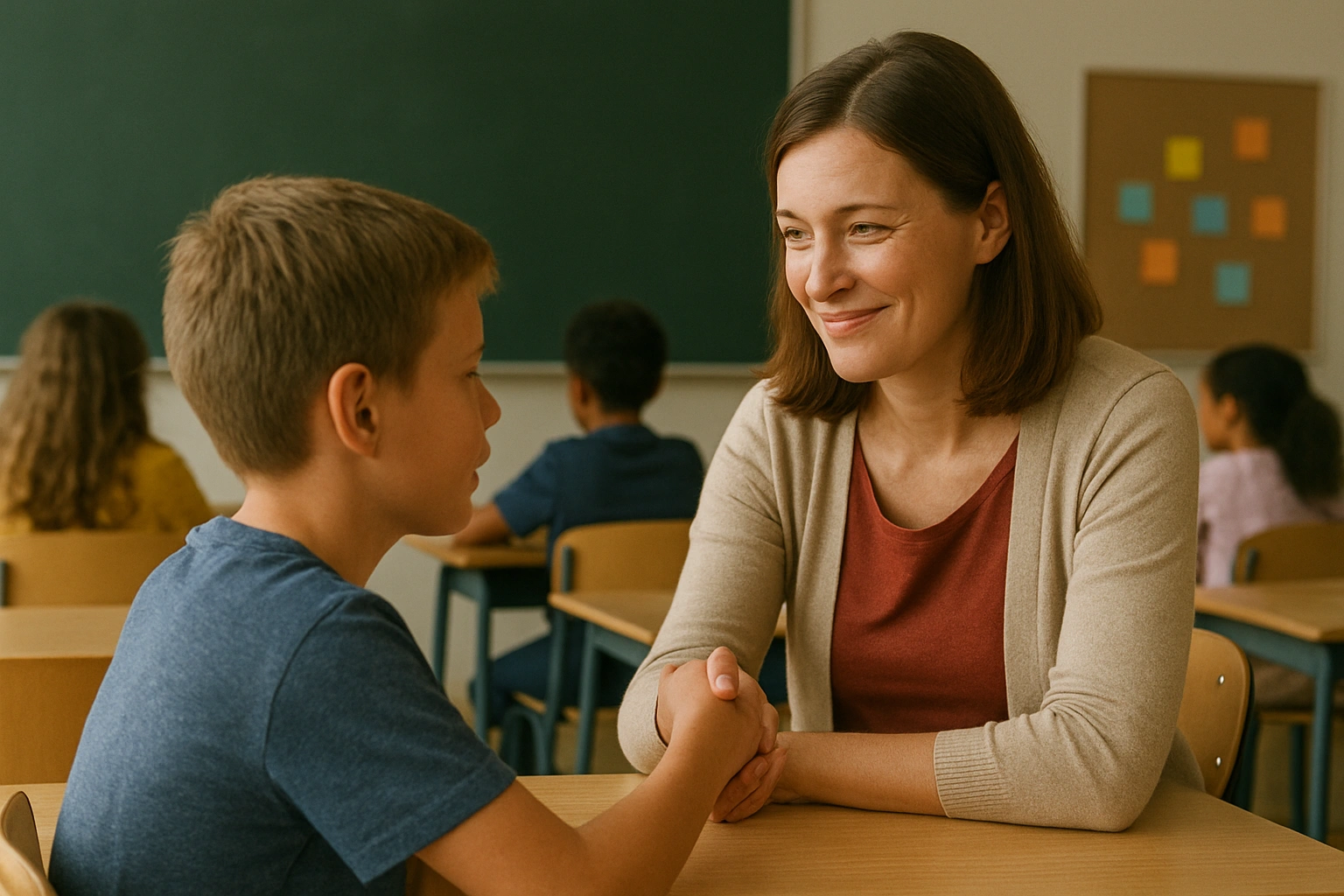 A teacher fostering human connection and soft skills in a traditional classroom setting.