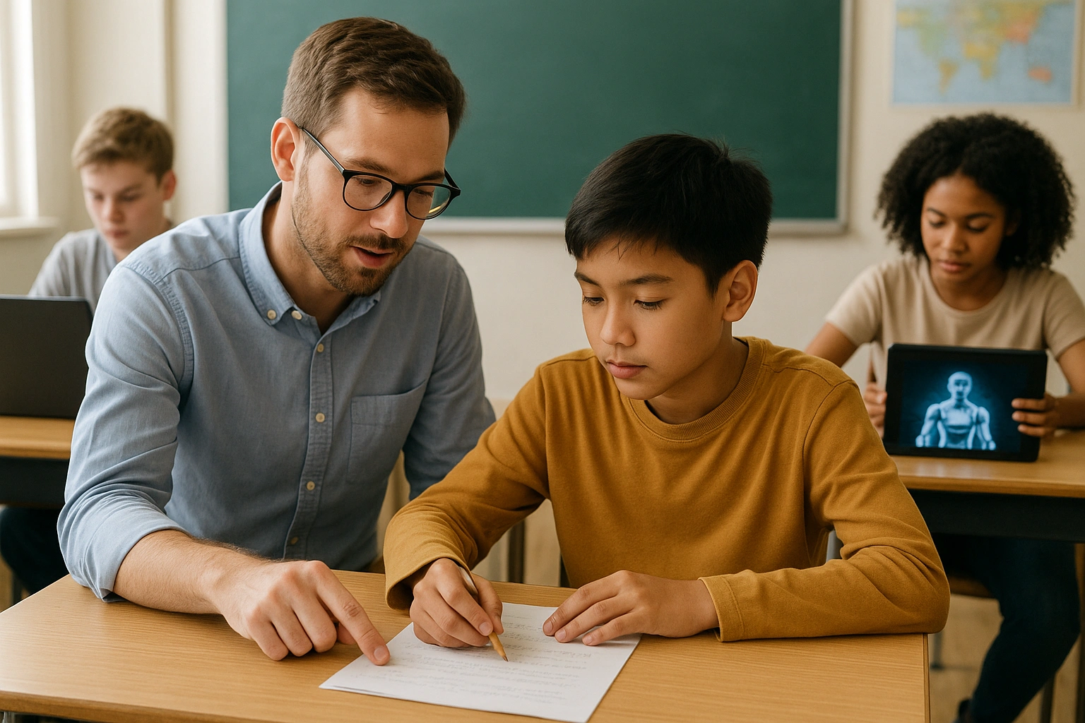A teacher providing one-on-one mentorship while other students work on AI-powered devices, highlighting a key teaching methods comparison.