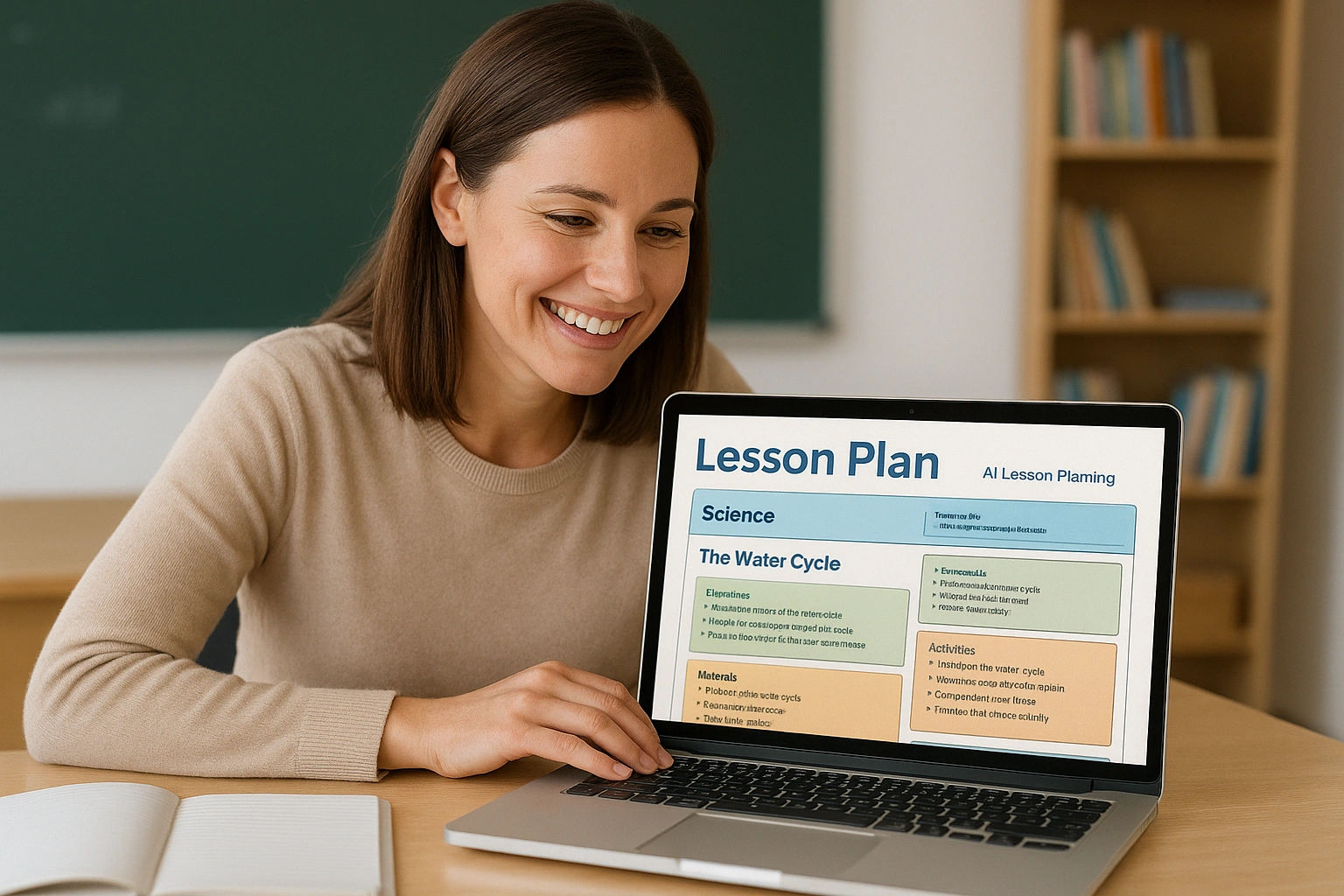 A teacher smiling at her laptop which shows a vibrant, organized lesson plan created by AI lesson planning software.