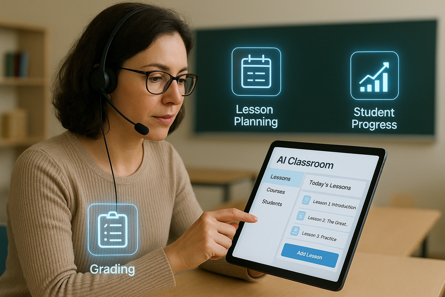 A teacher using AI classroom management apps on a tablet with digital icons of grading, lesson planning, and student progress floating around, symbolizing modern classroom technology in 2025.