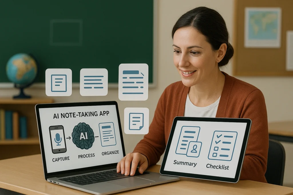 A teacher using AI note taking apps on a laptop and tablet, with floating digital icons of notes, summaries, and checklists representing organized teaching resources in 2025.