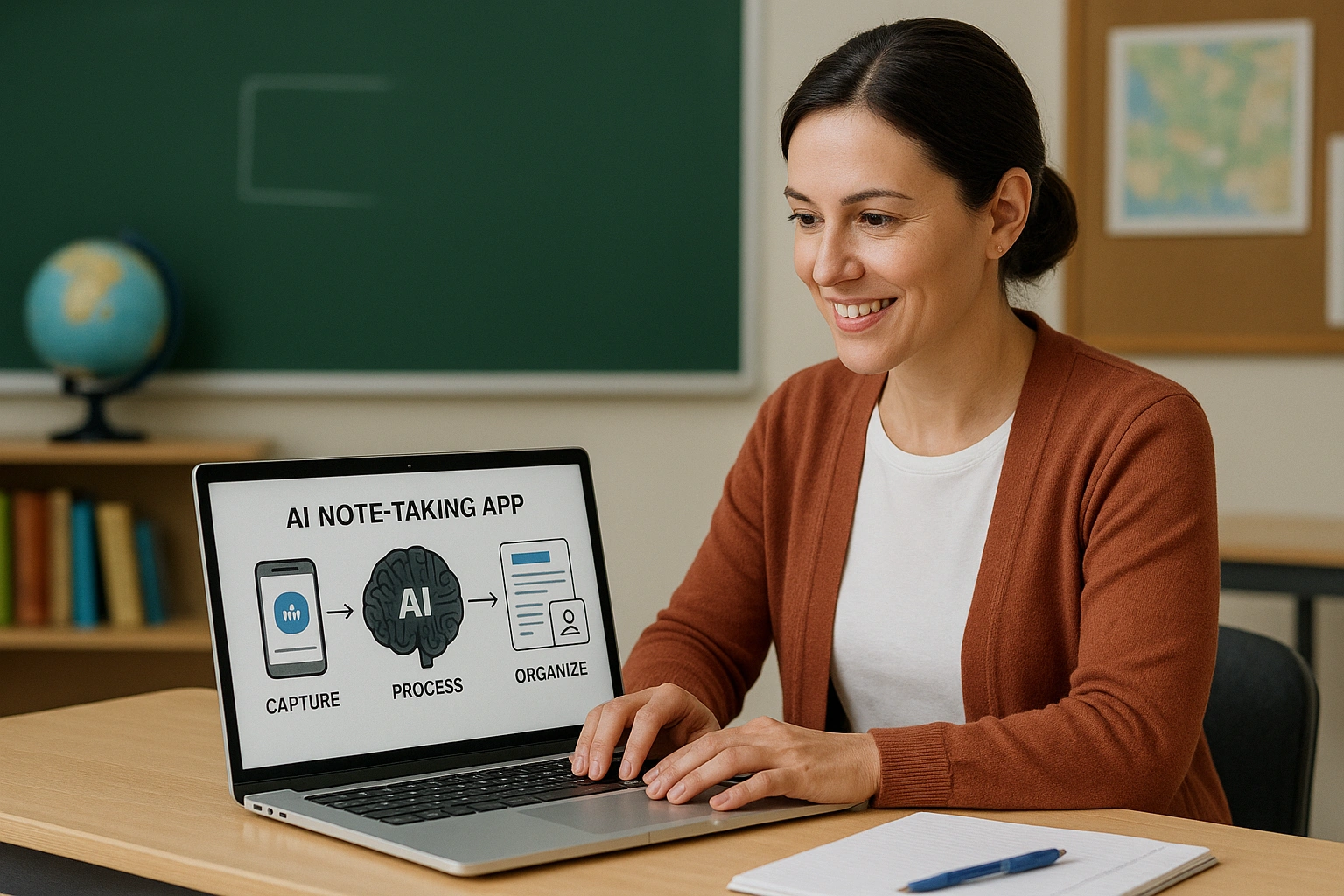 A teacher using AI note taking apps on a laptop to organize classroom resources.