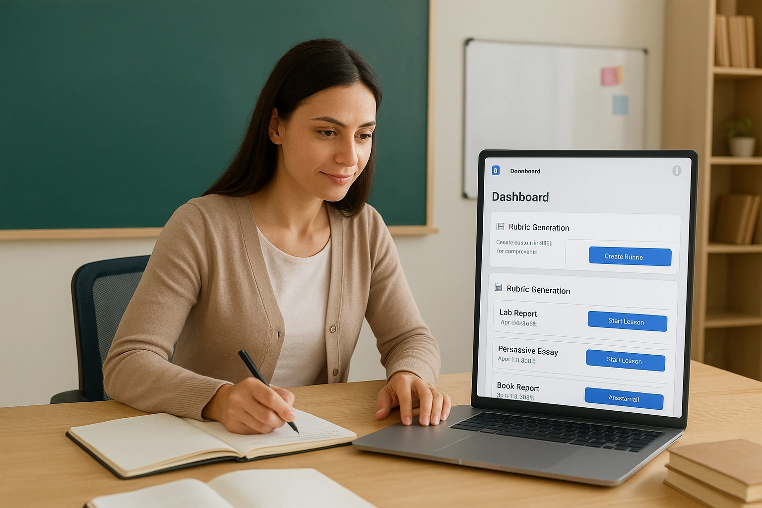A teacher using AI teacher productivity apps to streamline their workflow in 2025.