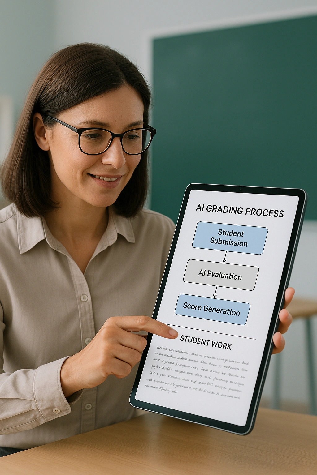 A teacher using a futuristic tablet to review student work powered by AI grading automation tools.