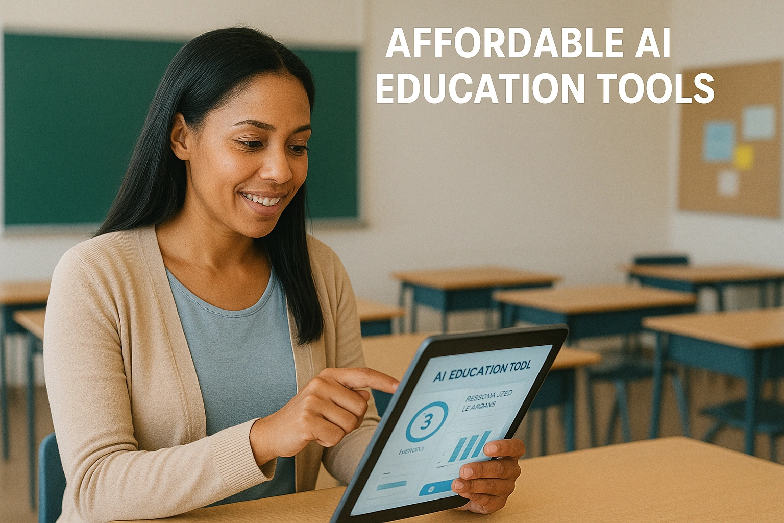 A teacher using affordable AI education tools on a tablet in a modern classroom.