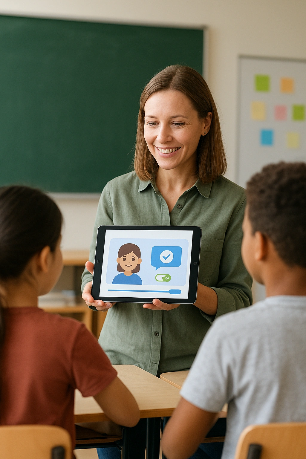 A teacher using affordable AI engagement tools on a tablet to interact with students in 2025.