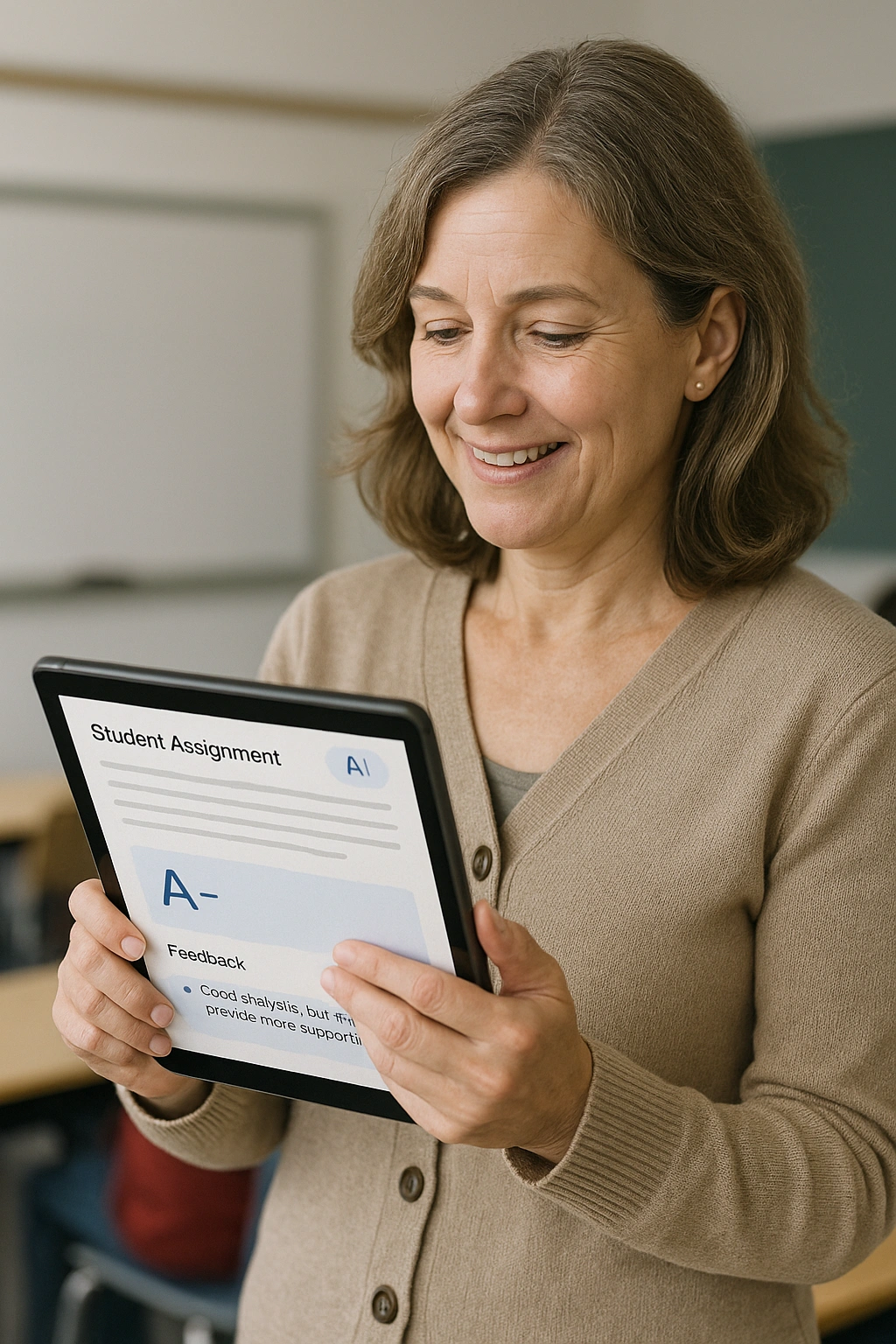 A teacher using affordable AI grading tools on a tablet to provide efficient student feedback in 2025.