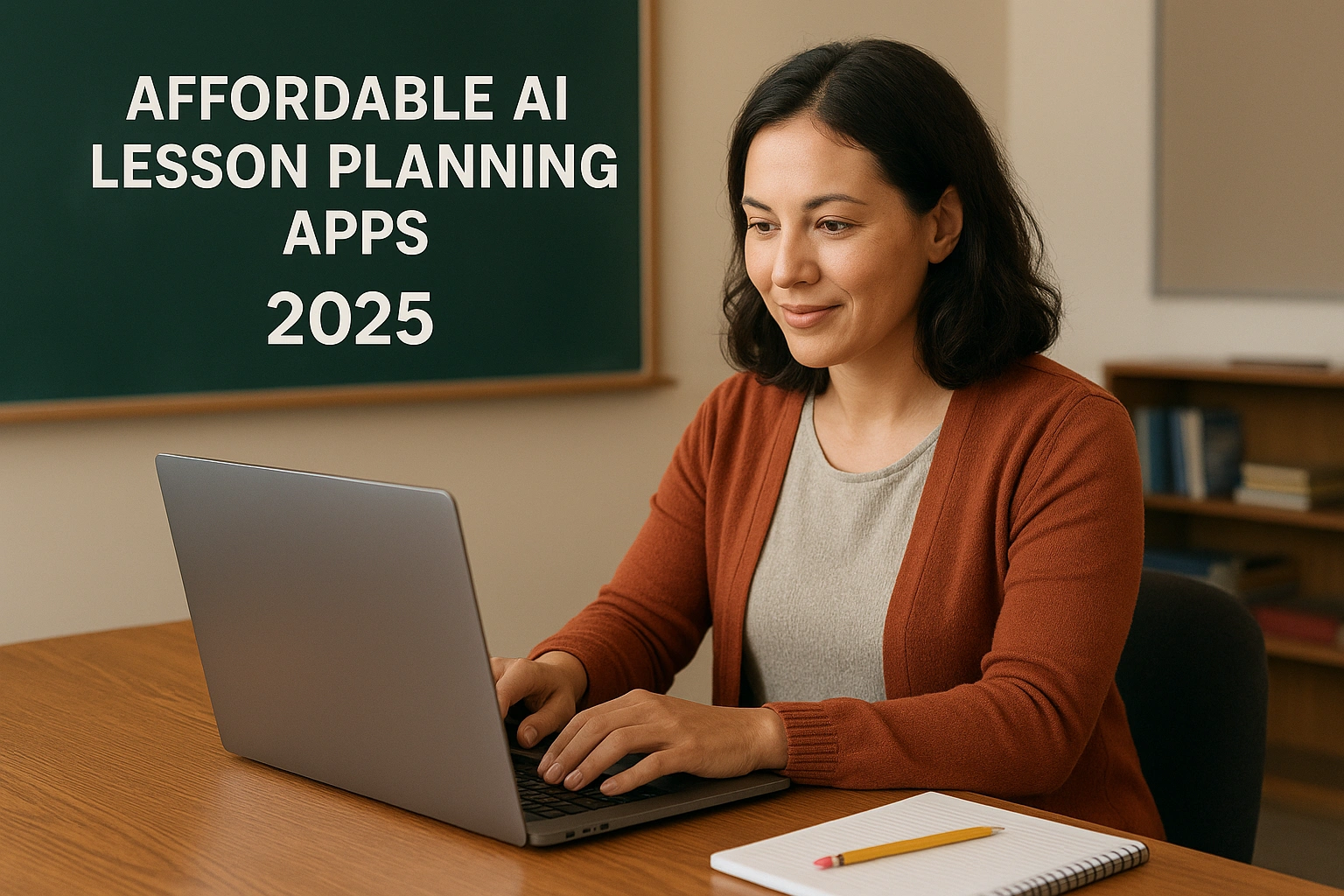 A teacher using affordable AI lesson planning apps on a laptop to streamline curriculum development for their class in 2025.