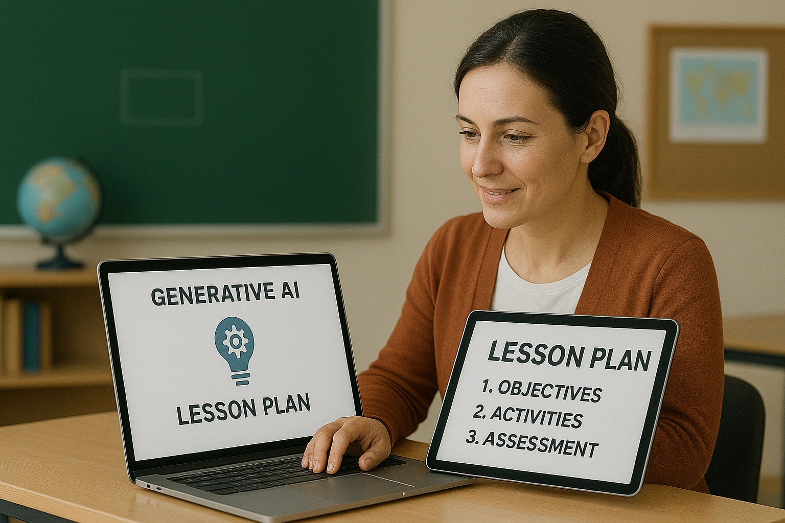 A teacher using generative AI to create a lesson plan, a key trend in education.