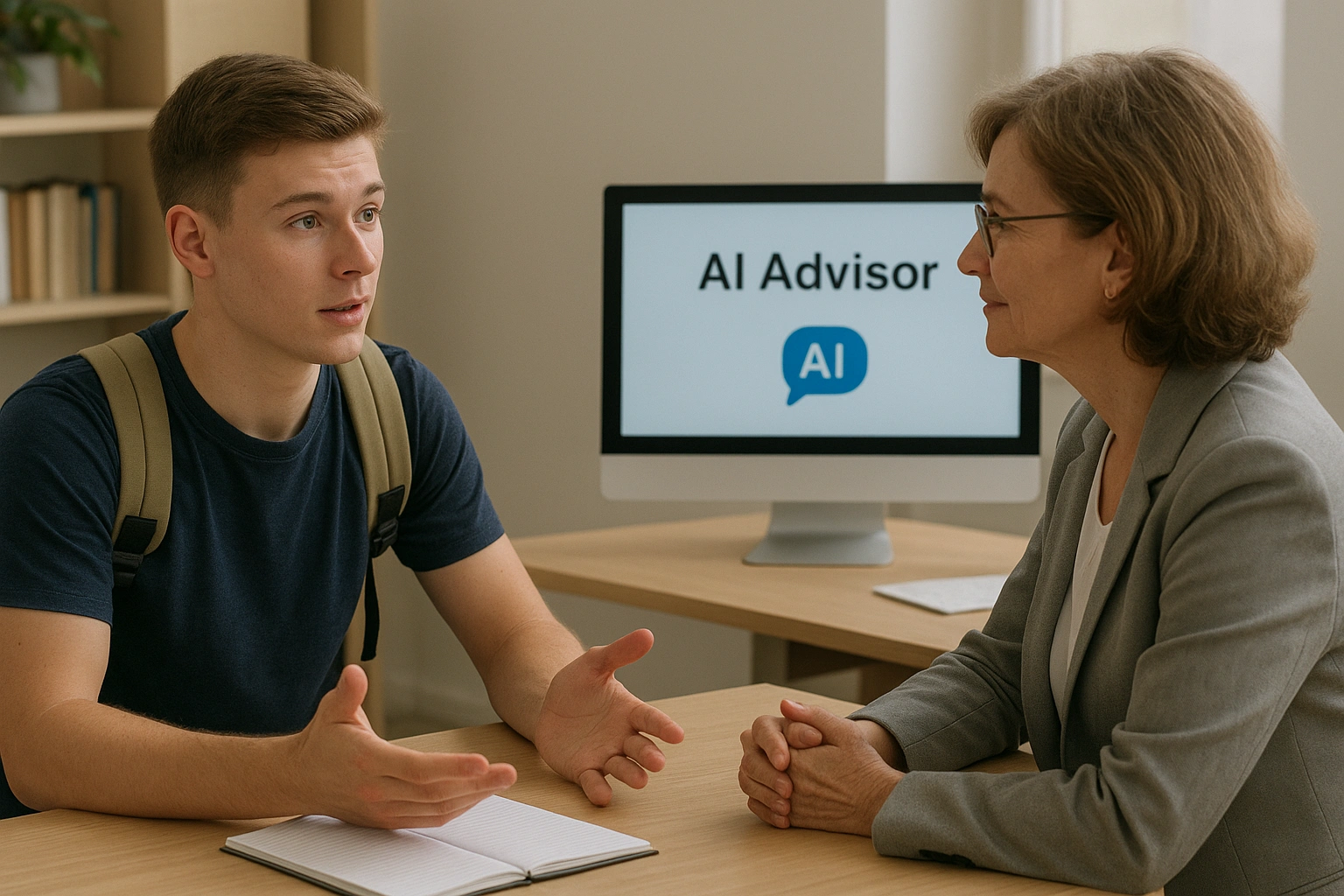 A university student talking with an advisor, an example of AI success in schools.